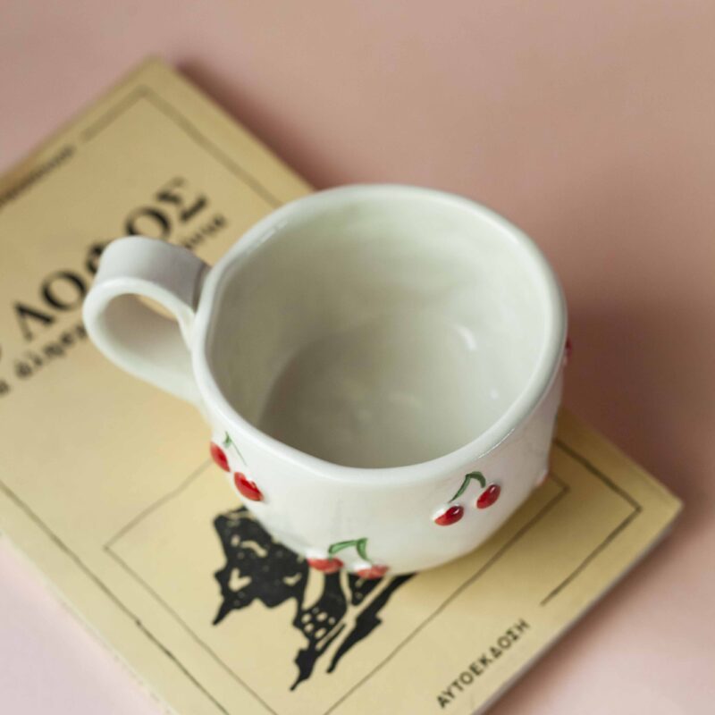 Handmade mug with 3d cherries. 3 sizes. 1 for espresso , 2 for capuccino, 3 for filter. χειροποίητη κεραμική κούπα με 3ντι κεράσια σε τρία μεγέθη. 1 για εσπρέσο, 2 για καπουτσίνο και 3 για φίλτρου.