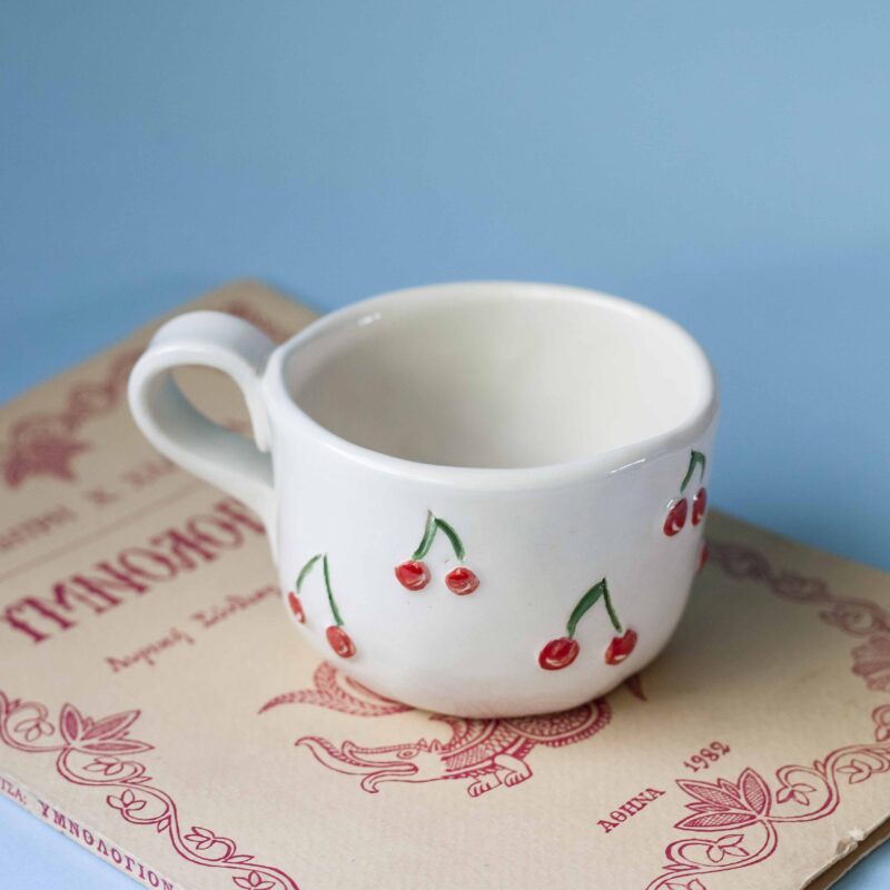 Handmade mug with 3d cherries. 3 sizes. 1 for espresso , 2 for capuccino, 3 for filter. χειροποίητη κεραμική κούπα με 3ντι κεράσια σε τρία μεγέθη. 1 για εσπρέσο, 2 για καπουτσίνο και 3 για φίλτρου.