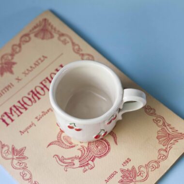 Handmade mug with 3d cherries. 3 sizes. 1 for espresso , 2 for capuccino, 3 for filter. χειροποίητη κεραμική κούπα με 3ντι κεράσια σε τρία μεγέθη. 1 για εσπρέσο, 2 για καπουτσίνο και 3 για φίλτρου.