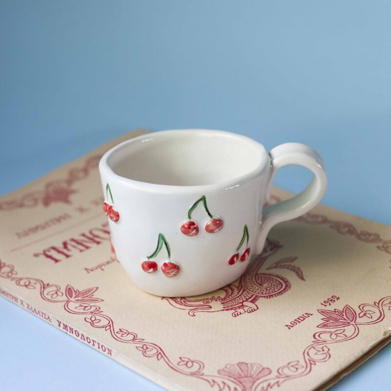 Handmade mug with 3d cherries. 3 sizes. 1 for espresso , 2 for capuccino, 3 for filter. χειροποίητη κεραμική κούπα με 3ντι κεράσια σε τρία μεγέθη. 1 για εσπρέσο, 2 για καπουτσίνο και 3 για φίλτρου.