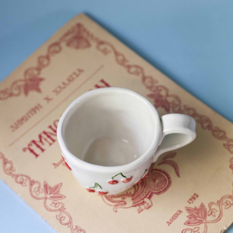Handmade mug with 3d cherries. 3 sizes. 1 for espresso , 2 for capuccino, 3 for filter. χειροποίητη κεραμική κούπα με 3ντι κεράσια σε τρία μεγέθη. 1 για εσπρέσο, 2 για καπουτσίνο και 3 για φίλτρου.