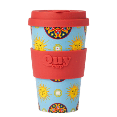 QUY CUP Sicily design travel mug with sun motifs and colorful pattern – 400ml. Κούπα ταξιδιού QUY CUP με σχέδιο Σικελίας και μοτίβα ήλιου – 400ml.