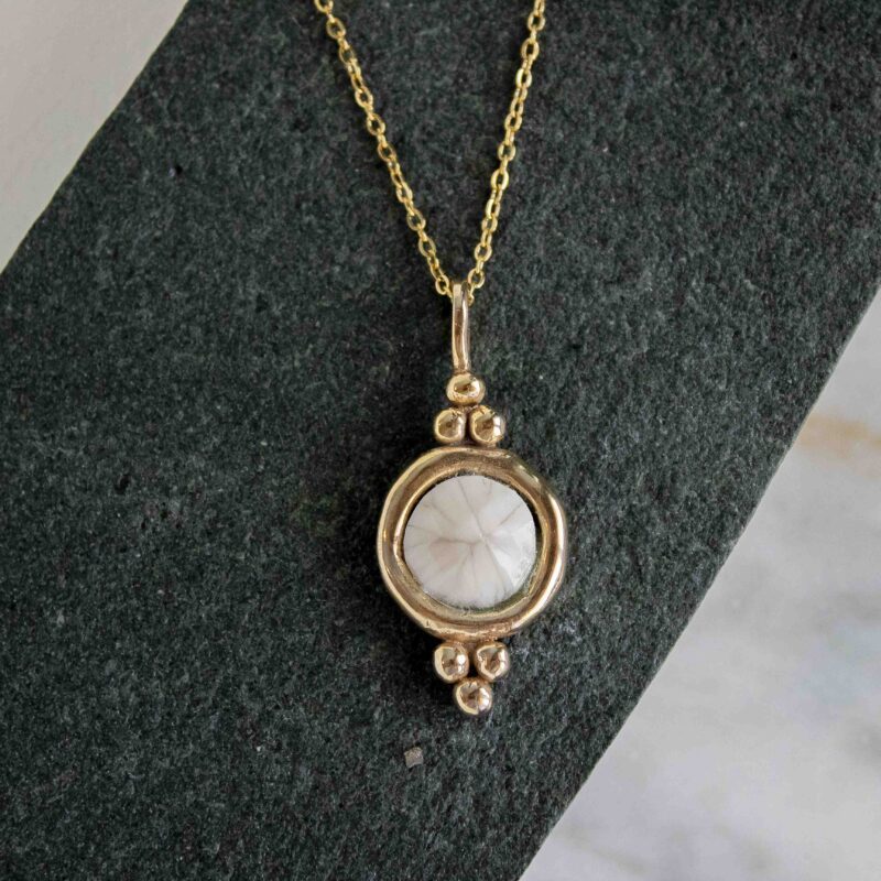 Harmony necklace with white stone, handmade artisan pendant in 24k gold plated brass on stainless steel chain, symbolic circle jewelry, boho gemstone necklace, unique handmade small business accessory by Sunny Designs Χειροποίητο κολιέ Harmony με λευκή πέτρα, μενταγιόν από επιχρυσωμένο ορείχαλκο και ατσάλινη αλυσίδα, affordable bohemian artisan jewelry, κομψό και πνευματικό κόσμημα Sunny Designs