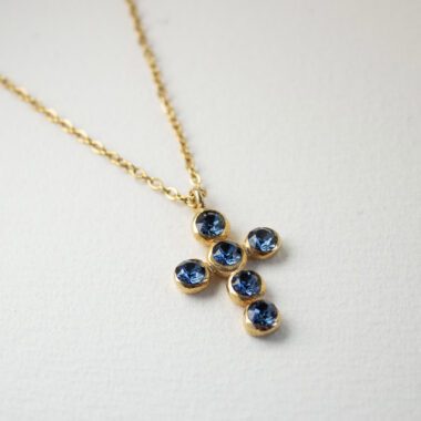 Heavenly Cross necklace with blue Swarovski stone, handmade artisan pendant in 24k gold plated brass on durable stainless steel chain, symbolic spiritual jewelry, boho cross necklace, unique handmade small business accessory by Sunny Designs Κολιέ Heavenly Cross με μπλε πέτρα Swarovski, χειροποίητο μενταγιόν σταυρού από ορείχαλκο επιχρυσωμένο 24 καράτια σε ατσάλινη αλυσίδα, πνευματικό κόσμημα, boho χειροποίητο αξεσουάρ, μοναδικό κόσμημα μικρής επιχείρησης Sunny Designs