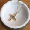 Maria’s Cross necklace with blue Swarovski stone, handmade artisan pendant in 24k gold plated brass on durable stainless steel chain, symbolic spiritual jewelry, boho cross necklace, unique handmade small business accessory by Sunny Designs , Κολιέ Maria’s Cross με μπλε πέτρα Swarovski, χειροποίητο μενταγιόν σταυρού από ορείχαλκο επιχρυσωμένο 24 καράτια σε ατσάλινη αλυσίδα, πνευματικό κόσμημα, boho χειροποίητο αξεσουάρ, μοναδικό κόσμημα μικρής επιχείρησης Sunny Designs