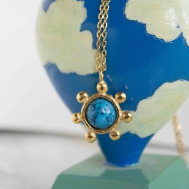 Starfire necklace with turquoise stone, handmade circle pendant with small ball details in 24k gold plated brass on stainless steel chain, boho chic artisan jewelry, symbolic turquoise gemstone necklace by Sunny Designs, Χειροποίητο κολιέ Starfire με τυρκουάζ πέτρα, κυκλικό μενταγιόν από επιχρυσωμένο ορείχαλκο με διακοσμητικές μπίλιες, μοναδικό bohemian artisan jewelry Sunny Designs