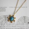 Starfire necklace with turquoise stone, handmade circle pendant with small ball details in 24k gold plated brass on stainless steel chain, boho chic artisan jewelry, symbolic turquoise gemstone necklace by Sunny Designs, Χειροποίητο κολιέ Starfire με τυρκουάζ πέτρα, κυκλικό μενταγιόν από επιχρυσωμένο ορείχαλκο με διακοσμητικές μπίλιες, μοναδικό bohemian artisan jewelry Sunny Designs