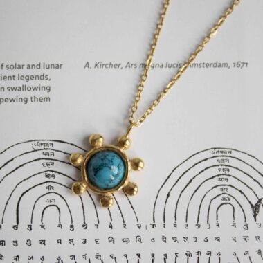 Starfire necklace with turquoise stone, handmade circle pendant with small ball details in 24k gold plated brass on stainless steel chain, boho chic artisan jewelry, symbolic turquoise gemstone necklace by Sunny Designs, Χειροποίητο κολιέ Starfire με τυρκουάζ πέτρα, κυκλικό μενταγιόν από επιχρυσωμένο ορείχαλκο με διακοσμητικές μπίλιες, μοναδικό bohemian artisan jewelry Sunny Designs