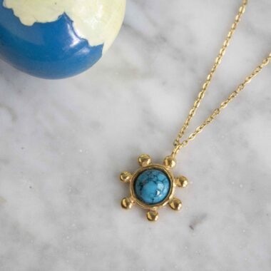Starfire necklace with turquoise stone, handmade circle pendant with small ball details in 24k gold plated brass on stainless steel chain, boho chic artisan jewelry, symbolic turquoise gemstone necklace by Sunny Designs, Χειροποίητο κολιέ Starfire με τυρκουάζ πέτρα, κυκλικό μενταγιόν από επιχρυσωμένο ορείχαλκο με διακοσμητικές μπίλιες, μοναδικό bohemian artisan jewelry Sunny Designs