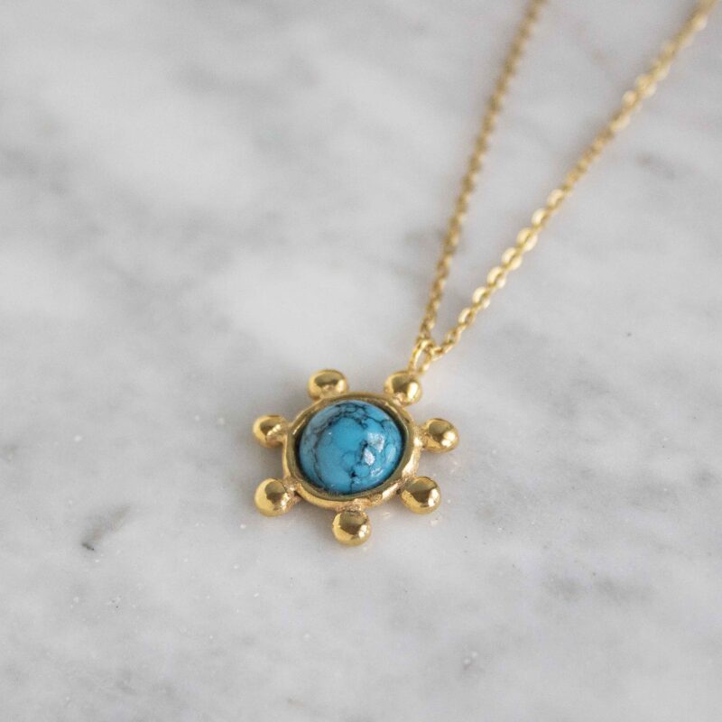 Starfire necklace with turquoise stone, handmade circle pendant with small ball details in 24k gold plated brass on stainless steel chain, boho chic artisan jewelry, symbolic turquoise gemstone necklace by Sunny Designs, Χειροποίητο κολιέ Starfire με τυρκουάζ πέτρα, κυκλικό μενταγιόν από επιχρυσωμένο ορείχαλκο με διακοσμητικές μπίλιες, μοναδικό bohemian artisan jewelry Sunny Designs