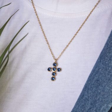 Heavenly Cross necklace with blue Swarovski stone, handmade artisan pendant in 24k gold plated brass on durable stainless steel chain, symbolic spiritual jewelry, boho cross necklace, unique handmade small business accessory by Sunny Designs Κολιέ Heavenly Cross με μπλε πέτρα Swarovski, χειροποίητο μενταγιόν σταυρού από ορείχαλκο επιχρυσωμένο 24 καράτια σε ατσάλινη αλυσίδα, πνευματικό κόσμημα, boho χειροποίητο αξεσουάρ, μοναδικό κόσμημα μικρής επιχείρησης Sunny Designs