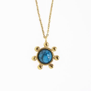 Starfire necklace with turquoise stone, handmade circle pendant with small ball details in 24k gold plated brass on stainless steel chain, boho chic artisan jewelry, symbolic turquoise gemstone necklace by Sunny Designs, Χειροποίητο κολιέ Starfire με τυρκουάζ πέτρα, κυκλικό μενταγιόν από επιχρυσωμένο ορείχαλκο με διακοσμητικές μπίλιες, μοναδικό bohemian artisan jewelry Sunny Designs