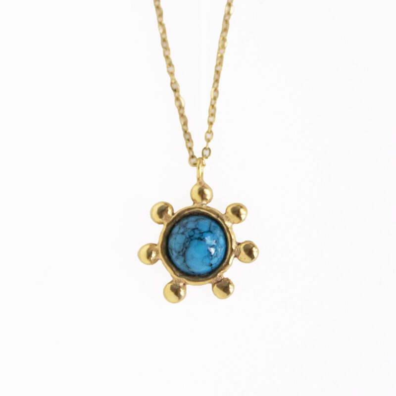 Starfire necklace with turquoise stone, handmade circle pendant with small ball details in 24k gold plated brass on stainless steel chain, boho chic artisan jewelry, symbolic turquoise gemstone necklace by Sunny Designs, Χειροποίητο κολιέ Starfire με τυρκουάζ πέτρα, κυκλικό μενταγιόν από επιχρυσωμένο ορείχαλκο με διακοσμητικές μπίλιες, μοναδικό bohemian artisan jewelry Sunny Designs