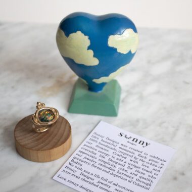 Melody ring with iridescent blue stone, handmade in 24k gold plated brass, artisan boho chic jewelry, elegant mystical statement ring by Sunny Designs