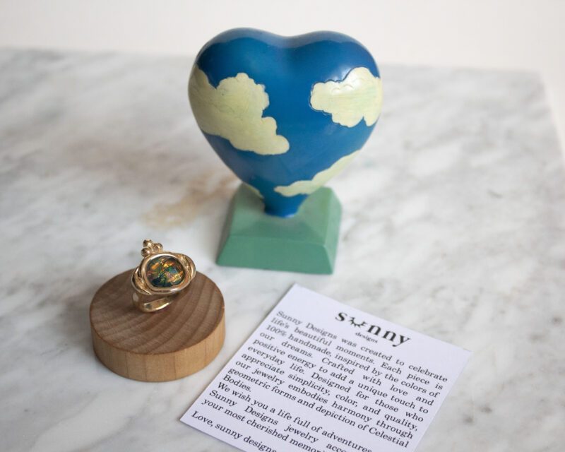 Melody ring with iridescent blue stone, handmade in 24k gold plated brass, artisan boho chic jewelry, elegant mystical statement ring by Sunny Designs