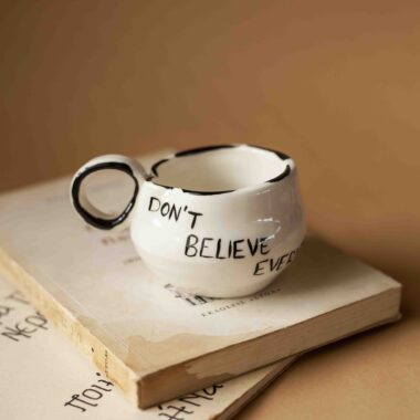 A beautiful ceramic mug that writes don't believe everything you think. perfect for your espresso coffee. χειροποίητη κεραμική κούπα που γράφει μην πιστεύεις όσα σκέφτεσαι. Ιδανική για εσπρέσσο καφέ.