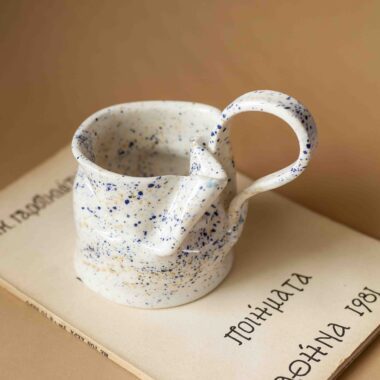 handmade surreal mug with weird shapes and dots.χειροποίητη σουρεάλ κούπα με κουκίδες και περίεργο σχήμα.