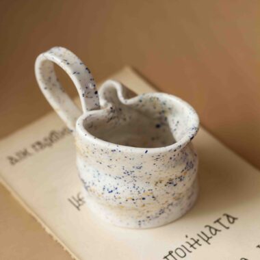handmade surreal mug with weird shapes and dots.χειροποίητη σουρεάλ κούπα με κουκίδες και περίεργο σχήμα.