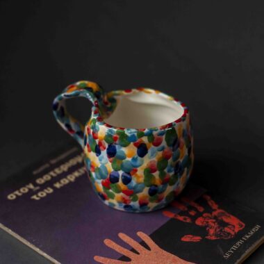 handmade surreal mug with weird shapes and dots.χειροποίητη σουρεάλ κούπα με κουκίδες και περίεργο σχήμα.