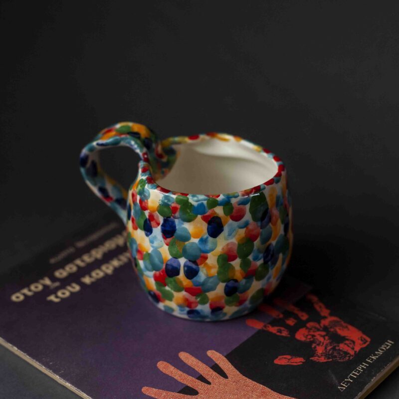 handmade surreal mug with weird shapes and dots.χειροποίητη σουρεάλ κούπα με κουκίδες και περίεργο σχήμα.