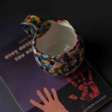 handmade surreal mug with weird shapes and dots.χειροποίητη σουρεάλ κούπα με κουκίδες και περίεργο σχήμα.