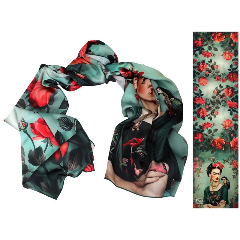 εσάρπα Frida Kahlo, καλλιτεχνικό φουλάρι, CARMANI εσάρπα, γυναικεία αξεσουάρ, μεταξένιο φουλάρι, εμπνευσμένο από τέχνη, μοντέρνα εσάρπα Frida Kahlo shawl, artistic scarf, CARMANI shawl, designer scarf, silky artistic wrap, fashion accessories art, Kahlo inspired fashion