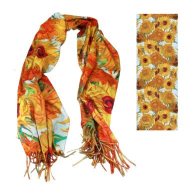 Elegant and full of artistic charm, this CARMANI shawl features Vincent van Gogh’s timeless masterpiece Sunflowers in a Vase. Made from innovative premium tamina fabric, it offers a silky touch, lightweight feel and vibrant colors. With its generous size 70x200cm, it can be worn as a stylish wrap, scarf or stole—perfect for any season. A unique fashion accessory and a thoughtful gift for art lovers.