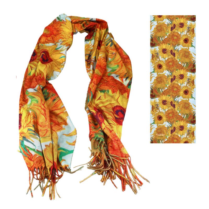 Elegant and full of artistic charm, this CARMANI shawl features Vincent van Gogh’s timeless masterpiece Sunflowers in a Vase. Made from innovative premium tamina fabric, it offers a silky touch, lightweight feel and vibrant colors. With its generous size 70x200cm, it can be worn as a stylish wrap, scarf or stole—perfect for any season. A unique fashion accessory and a thoughtful gift for art lovers.