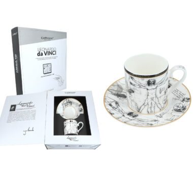 A unique porcelain cup and saucer set inspired by Leonardo da Vinci’s iconic Vitruvian Man. This artistic set blends elegance, history, and functionality—perfect for enjoying your favorite coffee or tea with a touch of Renaissance genius. A refined gift idea for art lovers and a stylish addition to any home collection.