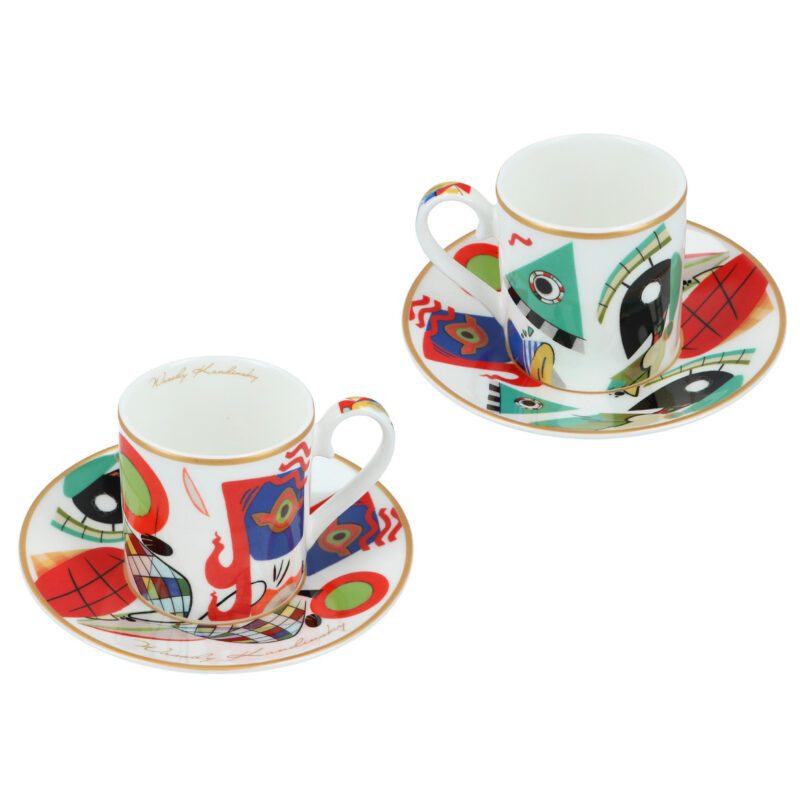 A stylish set of 2 porcelain espresso cups featuring abstract art inspired by Wassily Kandinsky’s Muses. Designed with modern artistic flair, these cups bring bold color and creativity to your coffee moments. Perfect for art lovers, espresso enthusiasts, or as a thoughtful gift set presented in an elegant box.