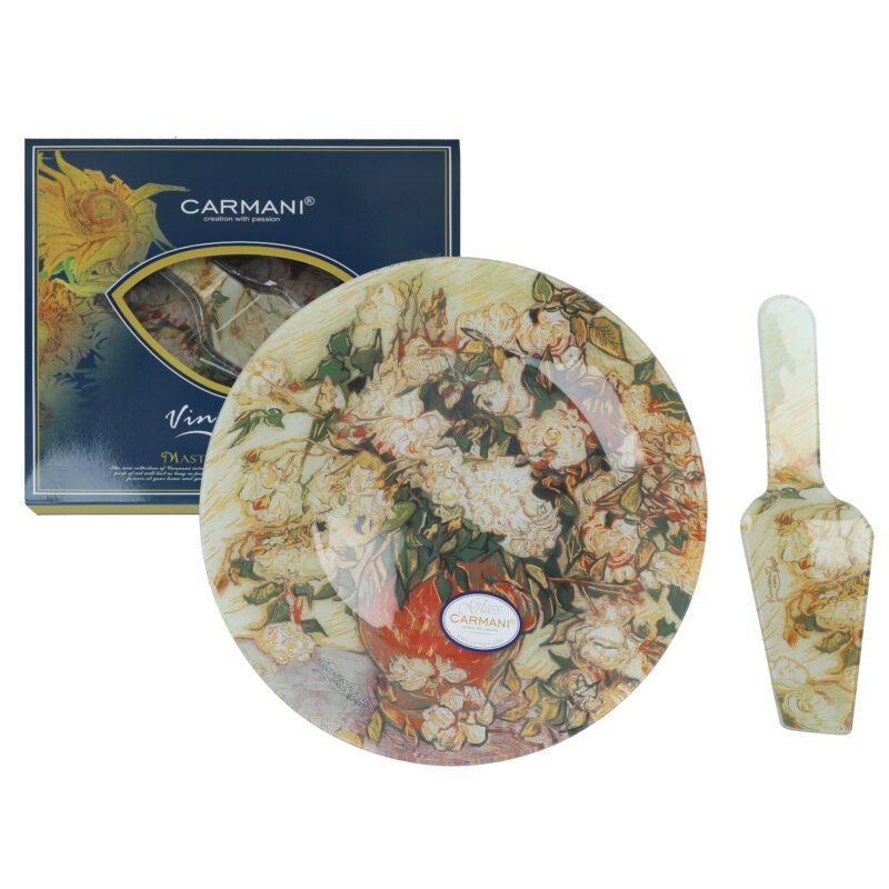 Elegant and artistic, this decorative plate by CARMANI features Vincent van Gogh’s beautiful painting Vase with Roses. Made from high-quality porcelain, it brings classic art into your home with soft pastel tones and expressive brushstrokes. Perfect for serving desserts or as a refined display piece. Includes a matching spatula. A thoughtful and timeless gift for art lovers and collectors.