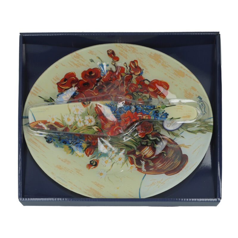 Bring the beauty of fine art into your home with this decorative porcelain plate by CARMANI, featuring Vincent van Gogh’s expressive painting Poppies in a Vase. Bold red tones meet emotional brushwork in a striking design that stands out. Ideal for serving desserts or as a unique decorative piece. Includes matching spatula. A perfect gift for art admirers and collectors.
