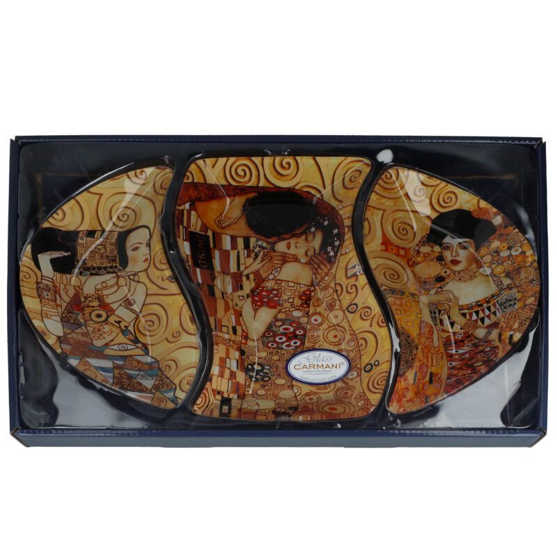 This elegant set of three decorative plates by CARMANI features a collage of Gustav Klimt’s iconic artworks. Crafted from high-quality porcelain with intricate golden details, each plate showcases a unique design, making it perfect for display or special table settings. A refined gift for art lovers and collectors.