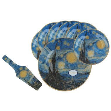 σετ πιάτα και πιάτο κέικ Van Gogh, Η Έναστρη Νύχτα σετ, CARMANI γυάλινα πιάτα, καλλιτεχνικό σερβίρισμα, συλλεκτικό σετ, δώρο για λάτρεις της τέχνης, dessert presentation Van Gogh cake set, The Starry Night plates, CARMANI glassware, decorative cake plate with spatula, artistic tableware, collectible art set, dessert presentation, gift for art lovers