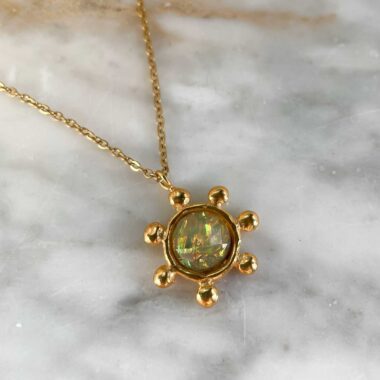 Starfire necklace with iridescent white stone – handmade celestial jewelry by Sunny Designs