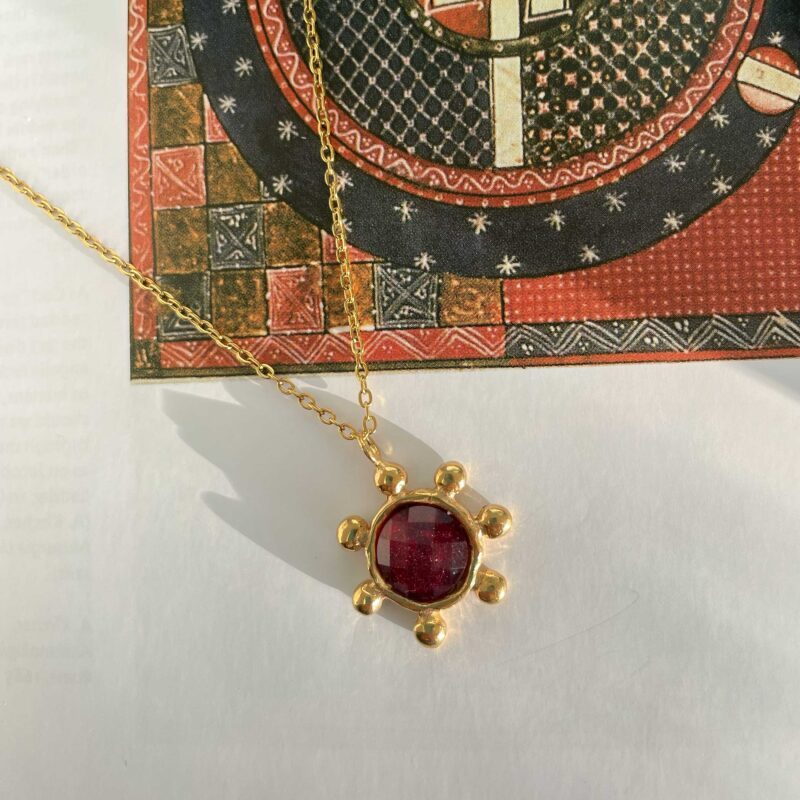 Starfire necklace, red stone necklace, handmade brass jewelry, Sunny Designs, gemstone pendant, bold accessories, celestial jewelry