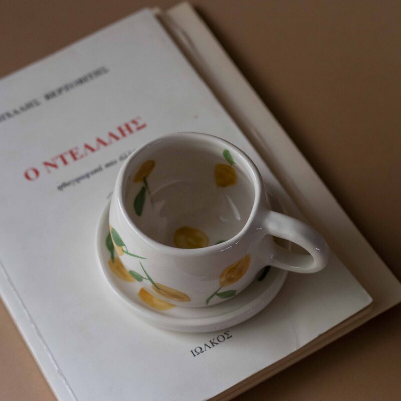 cute ceramic handmade cup with a saucer and fruits. Lemons, cherries and tangerines. perfect for espresso and single turkish coffee. Γλυκά χειροποίητα κεραμικά κουπάκια με πιατάκι και φρουτάκια. Κατάλληλη για εσπρέσο και μονό ελληνικό καφέ.