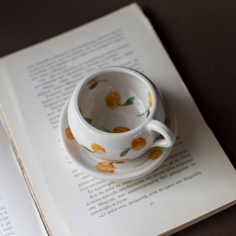 cute ceramic handmade cup with a saucer and fruits. Lemons, cherries and tangerines. perfect for espresso and single turkish coffee. Γλυκά χειροποίητα κεραμικά κουπάκια με πιατάκι και φρουτάκια. Κατάλληλη για εσπρέσο και μονό ελληνικό καφέ.