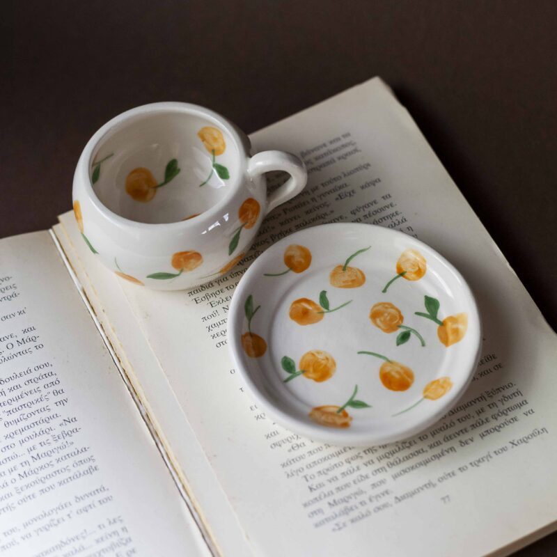 cute ceramic handmade cup with a saucer and fruits. Lemons, cherries and tangerines. perfect for espresso and single turkish coffee. Γλυκά χειροποίητα κεραμικά κουπάκια με πιατάκι και φρουτάκια. Κατάλληλη για εσπρέσο και μονό ελληνικό καφέ.