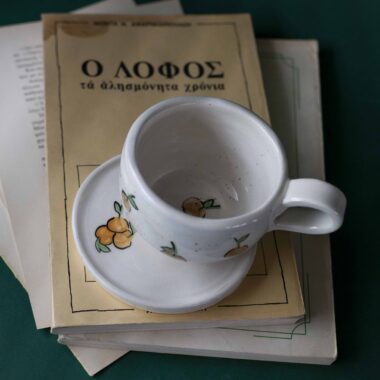 Χειροποίητα κεραμικά εσπρέσο κουπάκια με πιατάκι, διακοσμημένα με ζωγραφιστά φρουτάκια — πορτοκάλια, λεμόνια και αχλάδια — ανάμεσα σε μικρά λουλουδάκια. Οι δίχρωμοι συνδυασμοί και οι λεπτομέρειες στο χέρι χαρίζουν παιχνιδιάρικη και ζωντανή αισθητική. Κάθε σετ είναι μοναδικό, πλασμένο και ζωγραφισμένο στο χέρι, ιδανικό για να προσθέσει χρώμα και τέχνη σε κάθε στιγμή καφέ. Handmade ceramic espresso cup and saucer set, decorated with hand-painted fruits — oranges, lemons, and pears — surrounded by small flowers. The two-tone color combinations and fine hand-painted details give a lively, playful feel. Each set is one of a kind, crafted and painted by hand, perfect for adding a splash of color and artistry to your coffee moments.