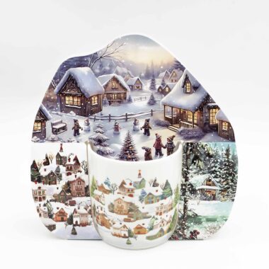 Πορσελάνινες κούπες με χριστουγεννιάτικα σχέδια, τοπία και σπιτάκια σε εορταστικά χρώματα.Porcelain mugs decorated with Christmas landscapes and cozy holiday houses in festive colors.