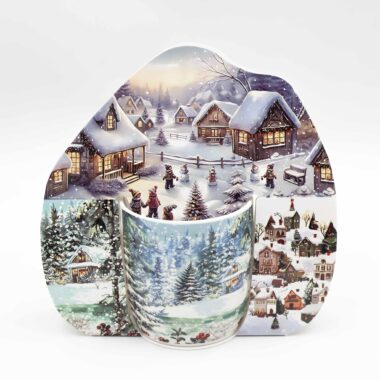Πορσελάνινες κούπες με χριστουγεννιάτικα σχέδια, τοπία και σπιτάκια σε εορταστικά χρώματα.Porcelain mugs decorated with Christmas landscapes and cozy holiday houses in festive colors.