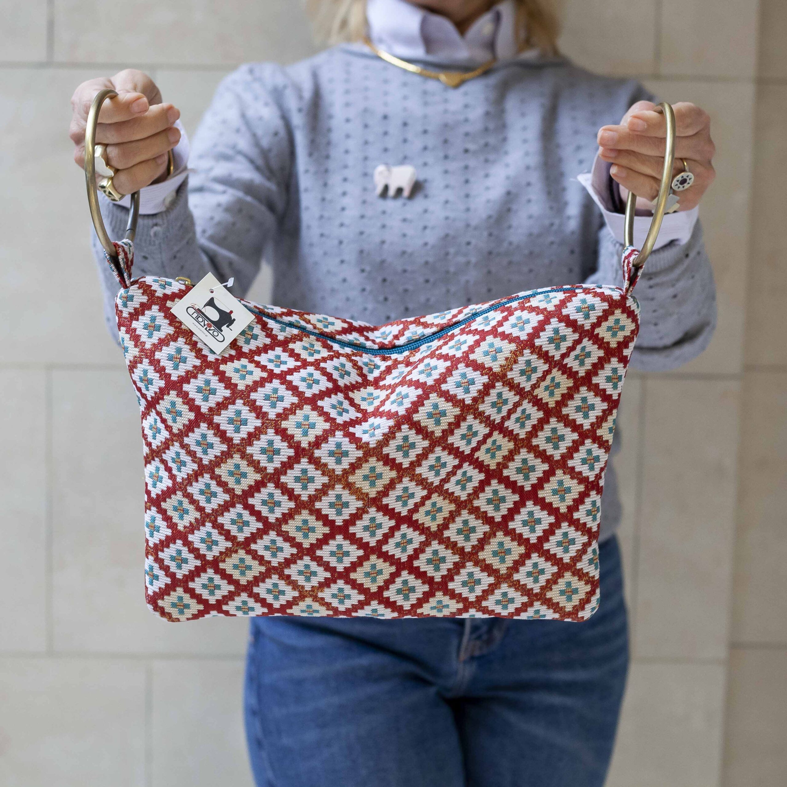 Handmade checkered pattern Bag with Two Hoop Handle - Panino - Image 2