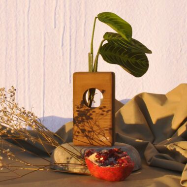 tall dark wooden vase with a hole for the roots to be see. Ψηλό σκούρο ξυλί βαζάκι με τρύπα για να φαίνονται οι ρίζες του φυτού.