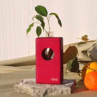 Κόκκινο ψηλό ξύλινι βάζο με δοκιμαστικό σωλήνα για να μπαίνει το νερό. handmade red wooden vase. perfect for root raising. It has a glass cylinder for water.