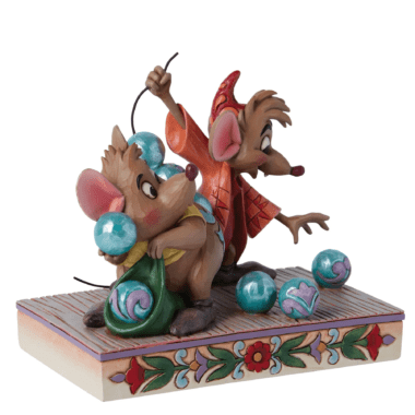 “Jim Shore Disney Traditions figurine of Jaq and Gus from Cinderella, featuring the mice collecting beads on Gus’ tail, hand-painted with folk-art patterns.”
