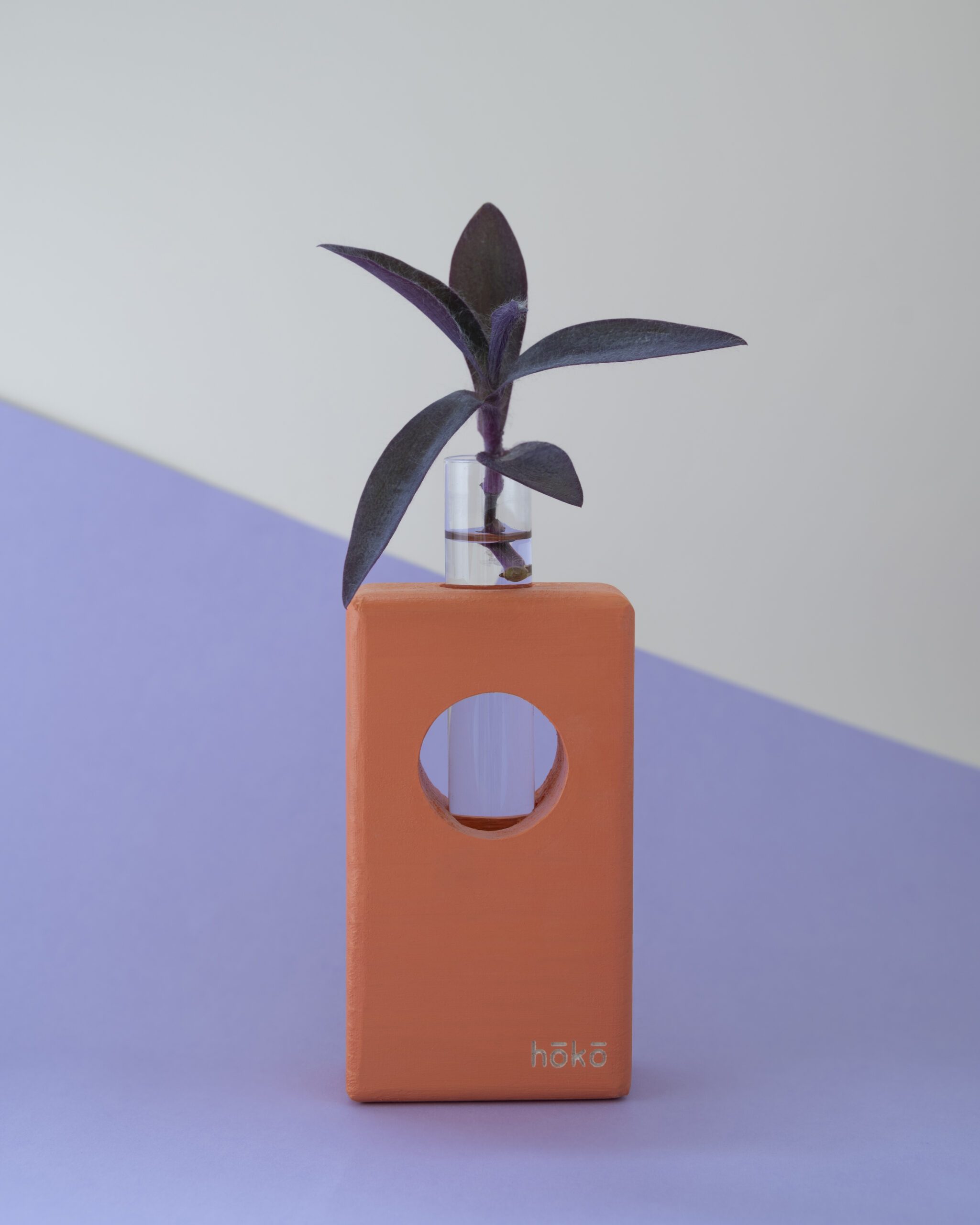 tall wooden vase in orange color with a testing tube for water. it lets the plant grow and always be pretty.