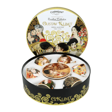 Set of 6 porcelain espresso cups 80 ml with saucers decorated with Gustav Klimt artworks in round gift box – CARMANI