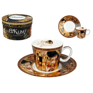Πορσελάνινο φλιτζάνι espresso 100 ml με πιατάκι εμπνευσμένο από το έργο Το Φιλί του Gustav Klimt σε συσκευασία δώρου – CARMANI.