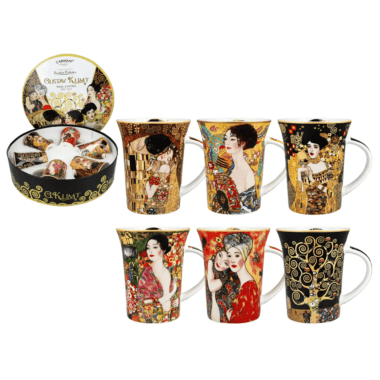 Gustav Klimt mug set, CARMANI porcelain mugs, set of 6 mugs gift, Klimt art mugs, porcelain coffee mugs, round box mug set
